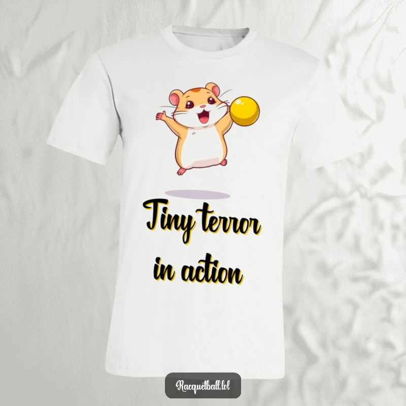 Funny t-shirt graphic of a determined hamster leaping mid-air to smash a bright yellow ball.