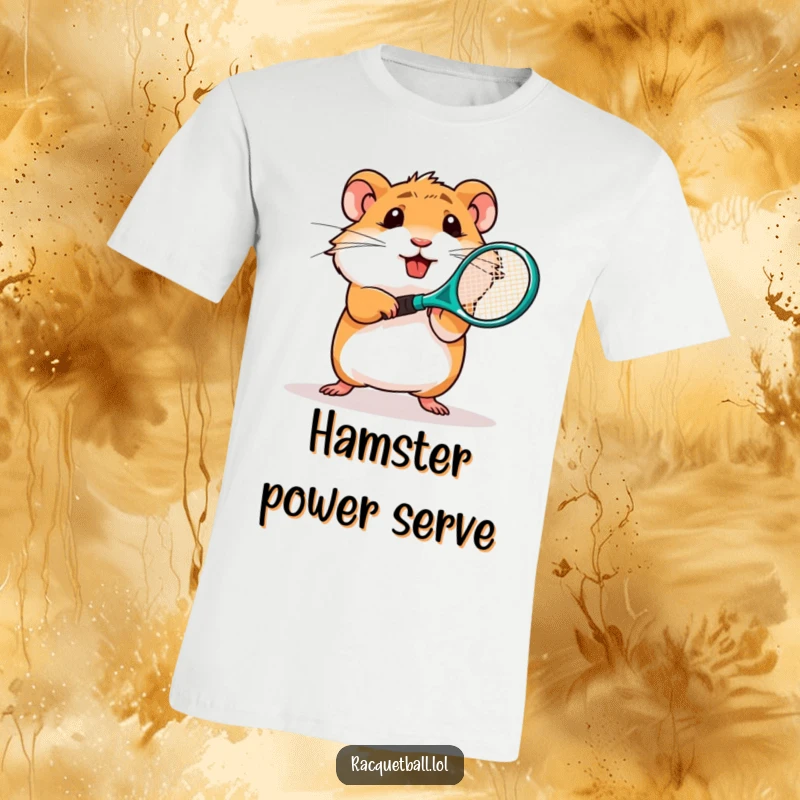 Funny t-shirt depicting a determined hamster character in the act of swinging a miniature plastic tennis racquet.