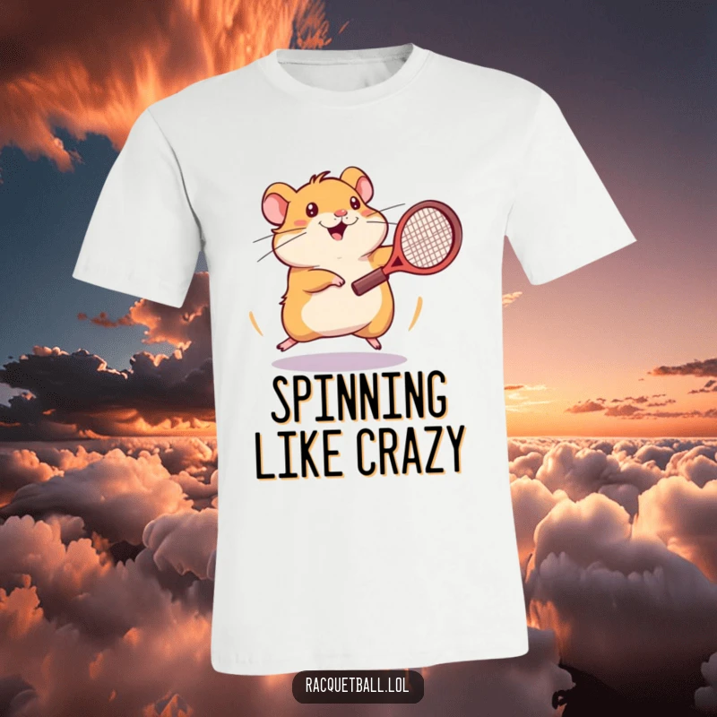 Funny hamster tennis t-shirt featuring an energetic hamster spinning frantically with a tennis racquet in its paw.