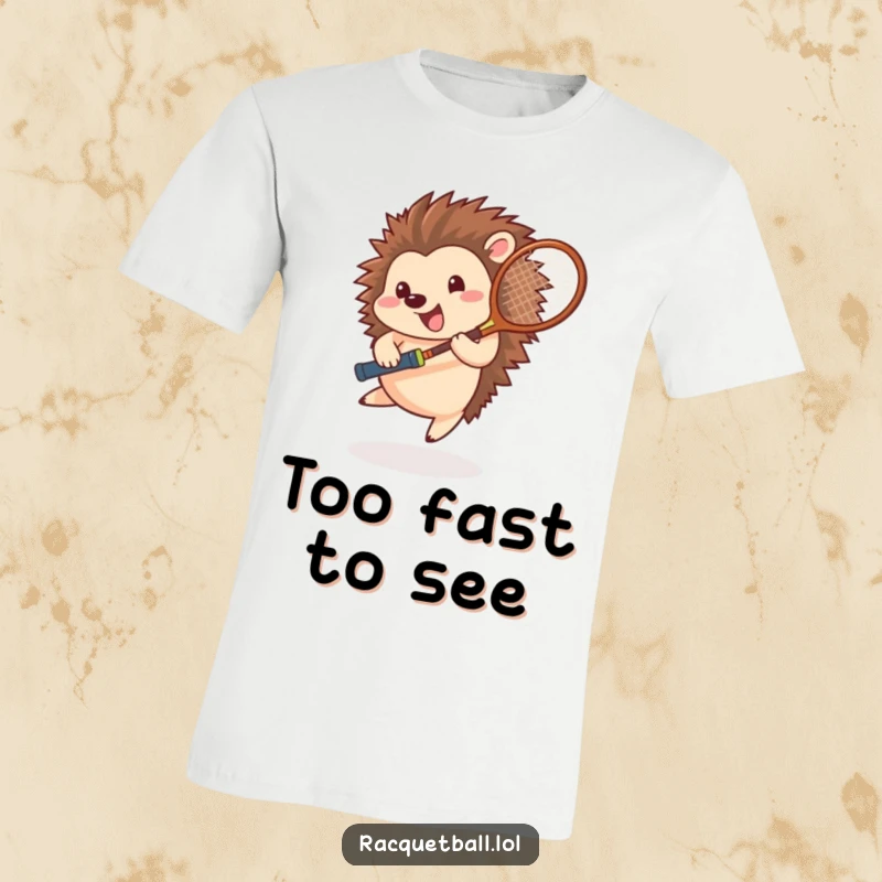 Funny hedgehog tennis t-shirt, a happy athlete in a blur of motion with a racquet, celebrating the sport with pure delight.