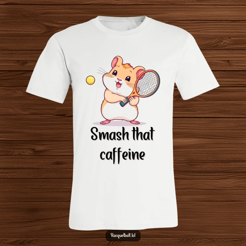 Funny kawaii hamster t-shirt, a delightful hamster playing racquetball with a tiny racquet, showcasing energetic fun.