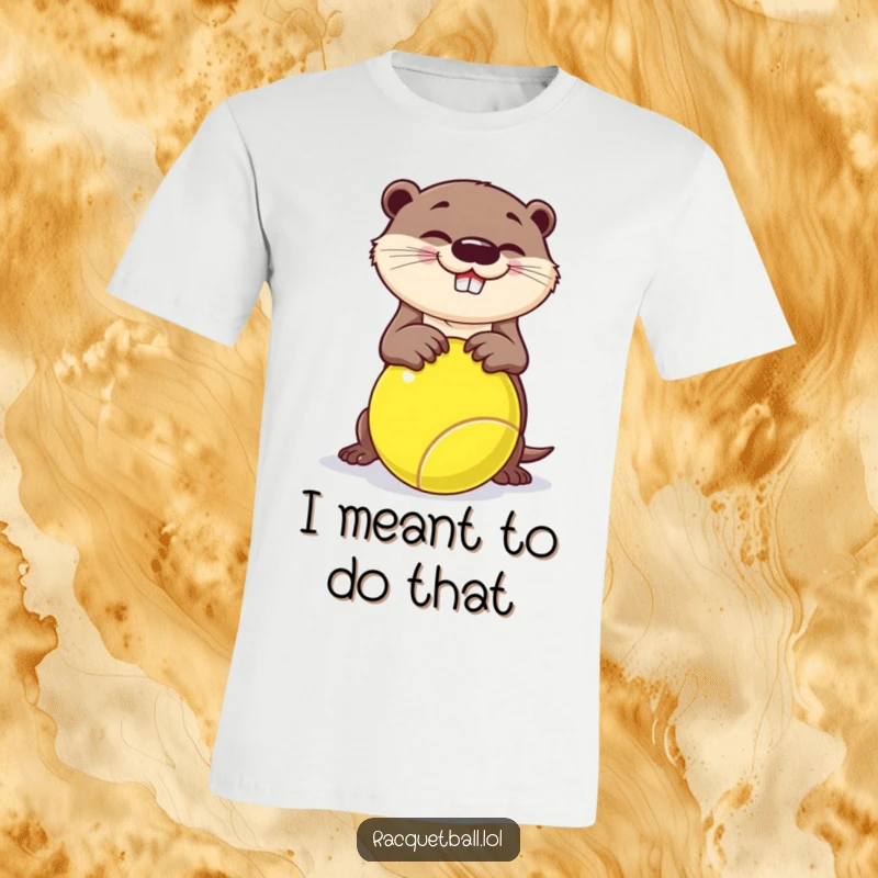 Funny otter t-shirt, a cute otter hilariously tripping over a large racquetball, with a joyful expression.