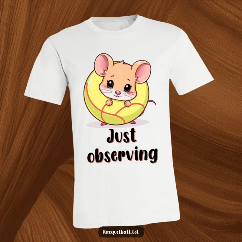 Funny shy mouse peeking cautiously from behind a racquetball, showing nervousness. A perfect funny gift for timid players.