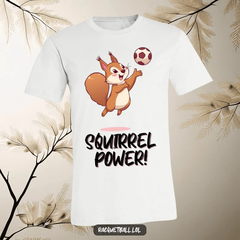 Funny determined squirrel leaping high, hitting a ball with a playful smile on a t-shirt.