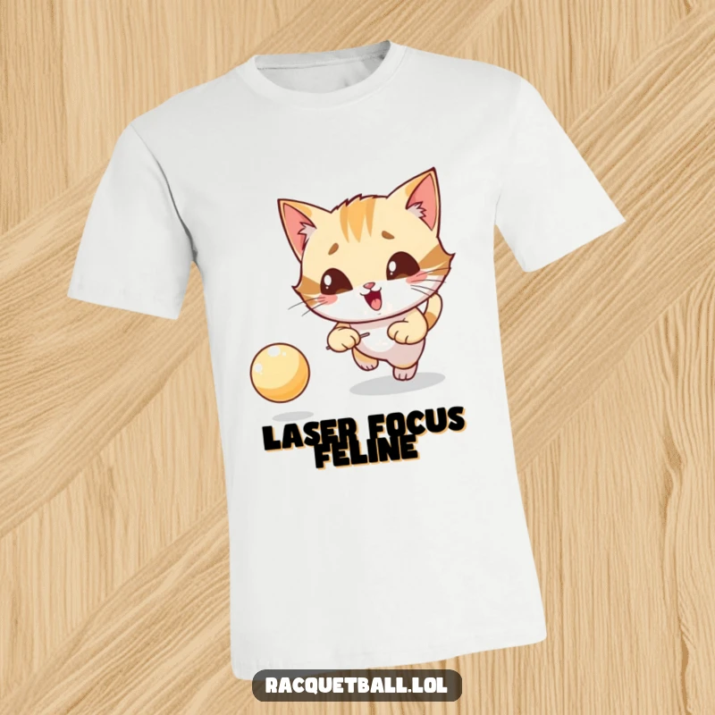Funny t-shirt depicting a giggling cat character with extreme focus, chasing a bouncing ball with playful determination.