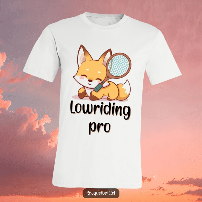 Funny Fox T-Shirt showing a smiling fox sliding on its belly with a tennis racquet aimed forward, capturing pure joy.