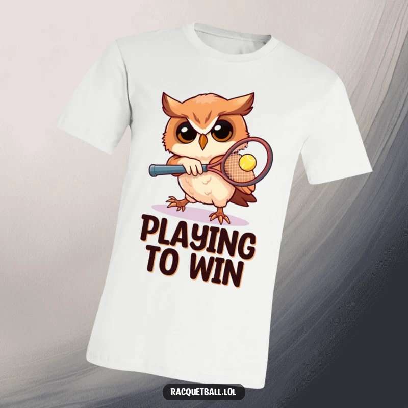 Funny owl t-shirt featuring a determined owl playing tennis with a miniature racquet, perfect for athletes and owl enthusiasts, a humorous sports gift.
