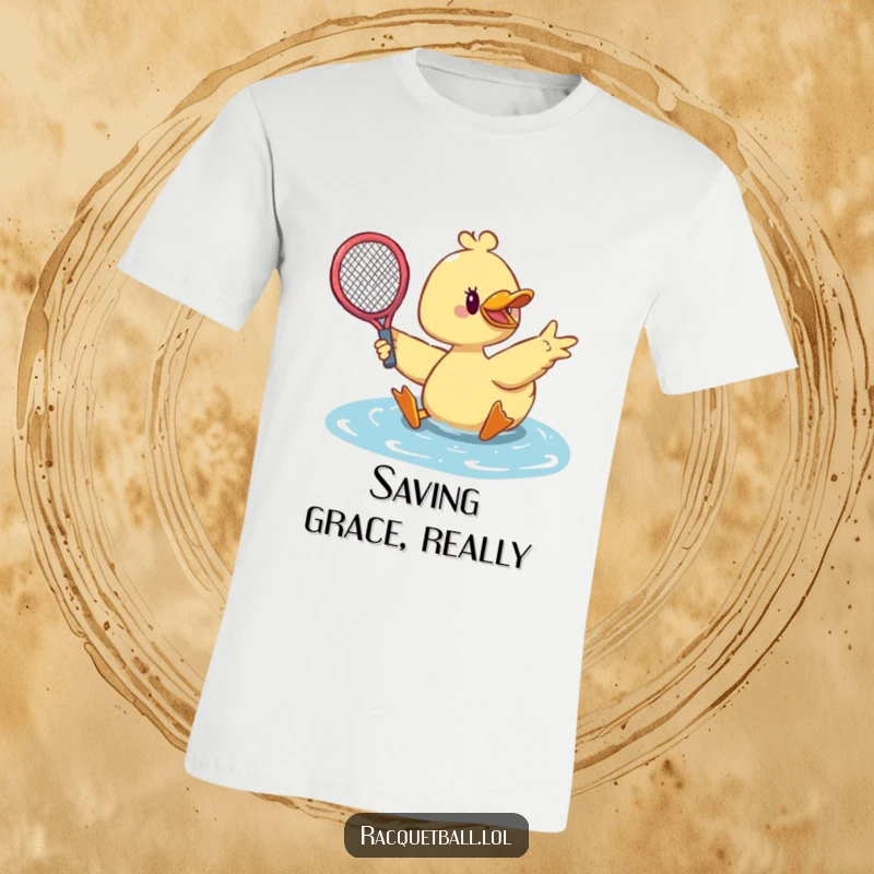 Funny duck tennis t-shirt featuring a cute duck sliding dramatically with outstretched racquet making a spectacular save.