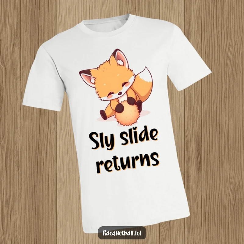 Funny t-shirt depicting a playful fox cub executing a dramatic sliding maneuver to return a tiny, fuzzy ball.