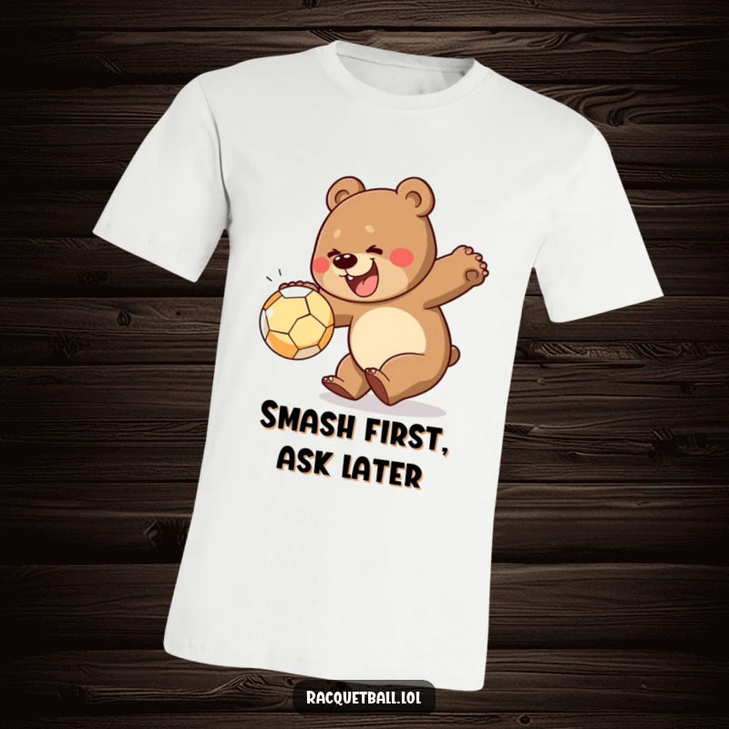 Funny t-shirt with a cheerful bear lunging with gusto to smash a ball, designed for active individuals who love a good laugh.