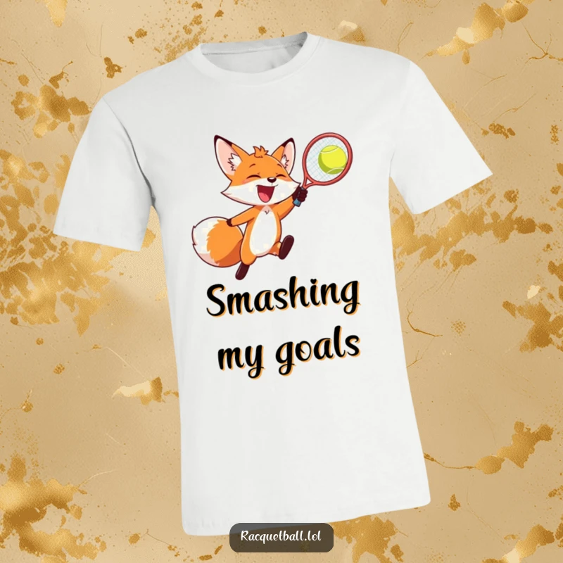 Funny fox t-shirt, a dynamic illustration of a fox leaping to hit a racquetball with great excitement.