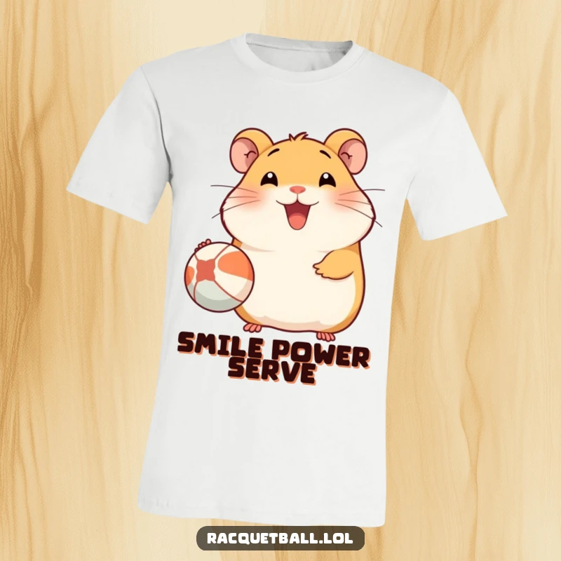 Funny Hamster T-Shirt: A happy hamster with a wide smile, in the action of serving a ball, printed on a comfortable tee.