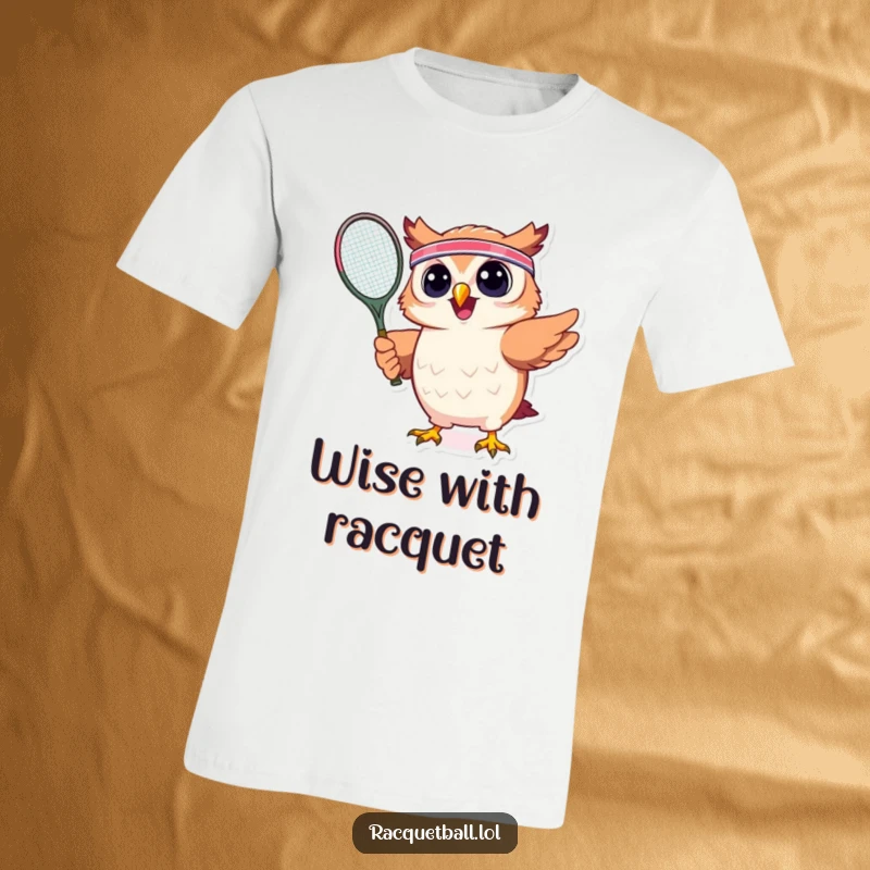 Funny t-shirt showing a cheerful owl with a headband, vigorously swinging a tennis racquet, ready to dominate the court with feathered fury.