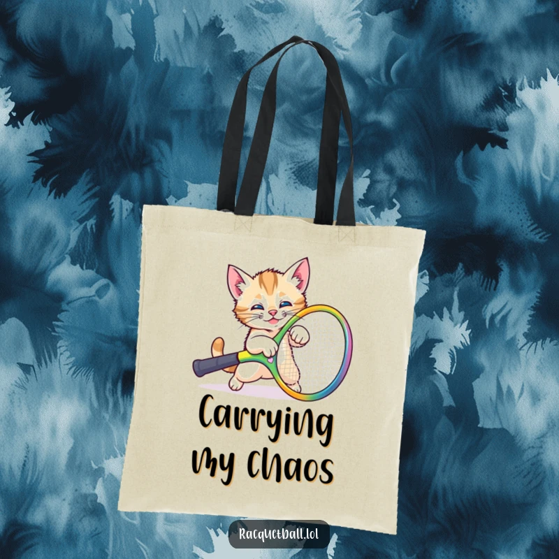Funny kitten tennis tote bag with a cute cat comically tripping over a large, colorful racquet, perfect for carrying daily items.