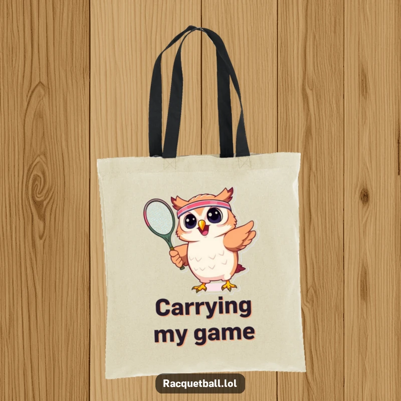 Funny tote bag designed with a cheerful owl wearing a headband and swinging a tennis racquet, ideal for carrying sports equipment or daily essentials.