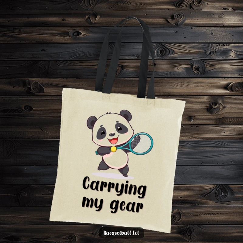 Funny tote bag showing a joyful panda enthusiastically playing tennis with a comically oversized racquet.