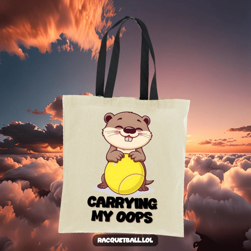 Funny tote bag, a cute otter comically tripping over a giant racquetball, showcasing playful clumsiness.