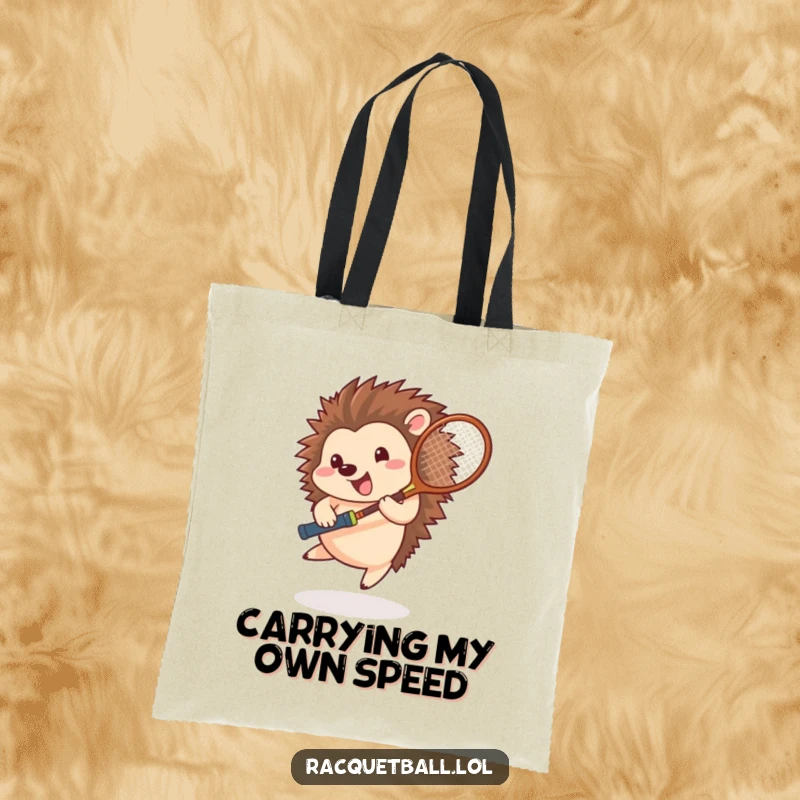 Funny hedgehog tennis tote bag, a happy athlete spinning with a racquet, showcasing energetic playfulness and athletic charm.