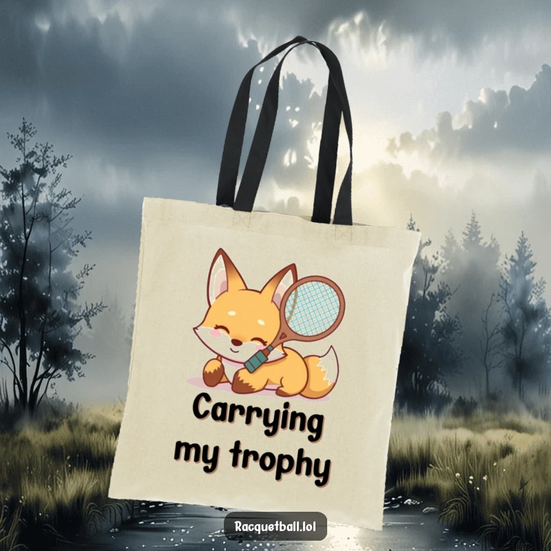 Funny Fox Slide Tote Bag: a smiling fox slides on its belly with a racquet aimed forward, perfect for adventure gear.