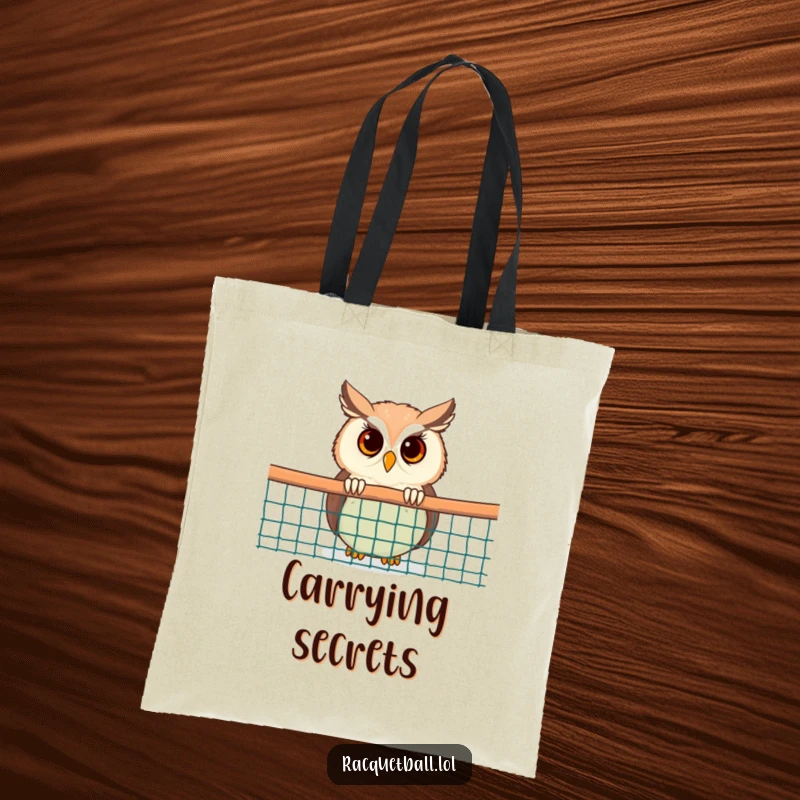 Funny Owl Tote Bag: A charming tote bag featuring a curious owl peeking from behind a racquetball net, great for stylish storage.