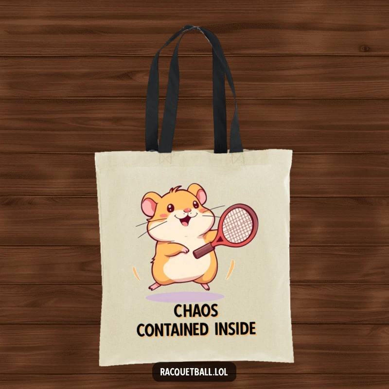 Funny hamster tennis tote bag featuring an energetic hamster spinning frantically with a tennis racquet in its paw.