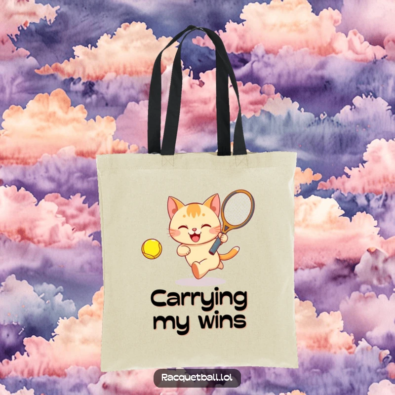 Funny Cat Tennis Tote Bag: a happy cat bounds after a brightly colored ball with a racquet, perfect for sports gear.