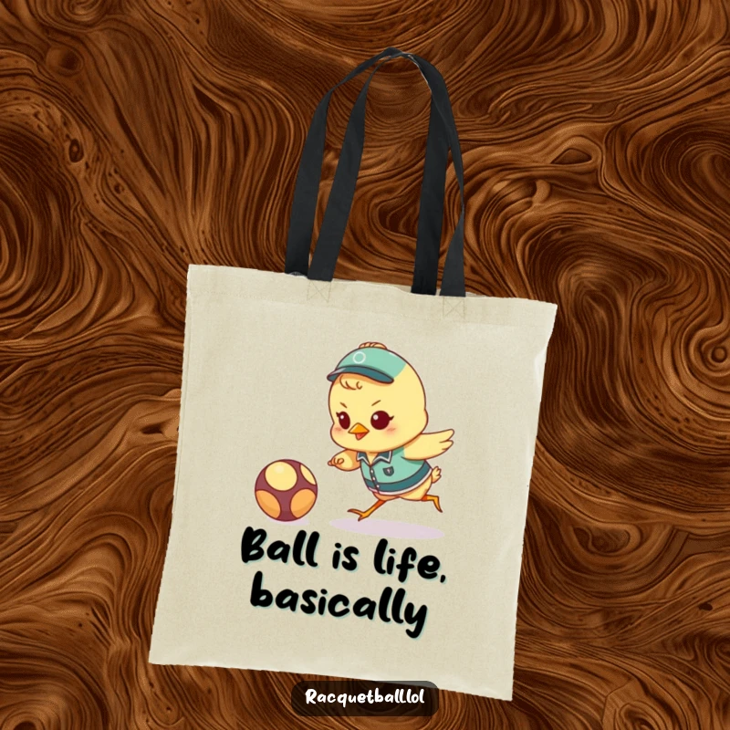 Funny chick sports tote bag featuring a tenacious bird in uniform leaping for a ball, ideal for carrying essentials with fun.