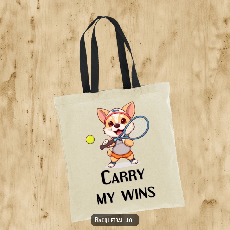 Funny dog tennis tote bag showcasing a determined, athletic dog smashing a tennis ball mid-game with enthusiasm.