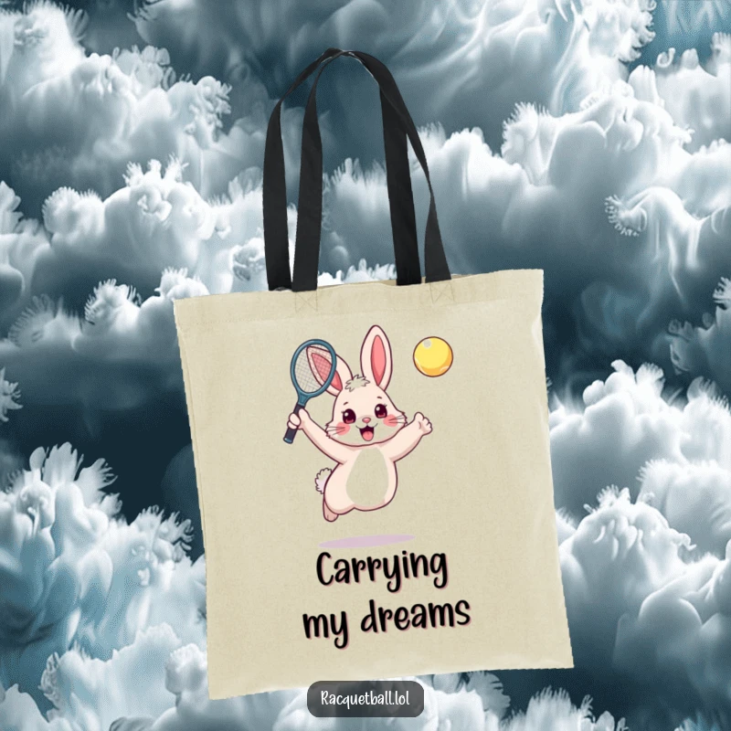 Funny rabbit tennis tote bag featuring an excited, fluffy bunny leaping with a raised tennis racquet.