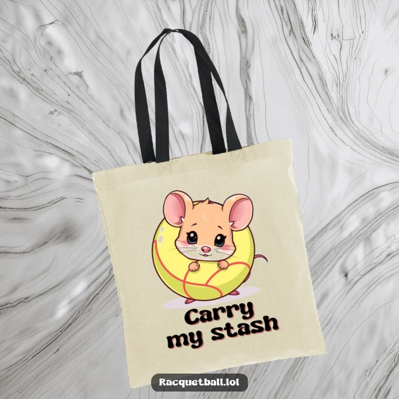 Funny shy mouse peeking from behind a racquetball on a tote bag. A cute funny gift for shoppers.