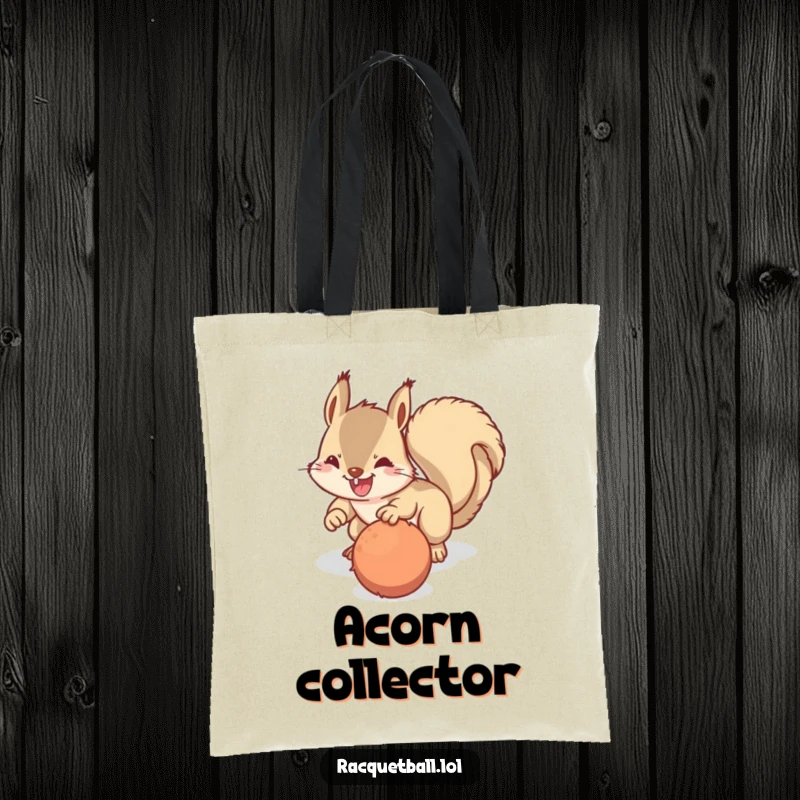 Funny tote bag showcasing a happy squirrel mid-determined dive for a fuzzy ball, perfect for carrying essentials with humor.