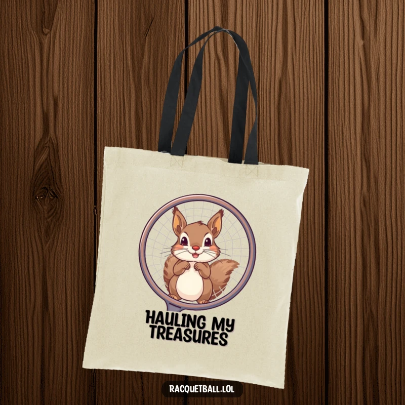 Funny squirrel tote bag showing a playful squirrel peeking through a large racquet frame, perfect for carrying items with sports humor.