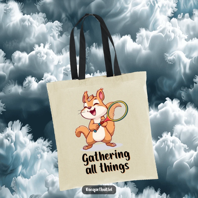 Funny squirrel tennis tote bag featuring a joyful squirrel swinging a tiny racquet with immense effort.